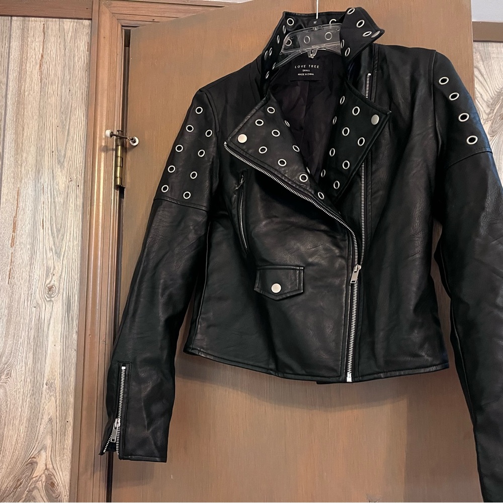 Love Tree Black Faux Leather Jacket with Silver Details